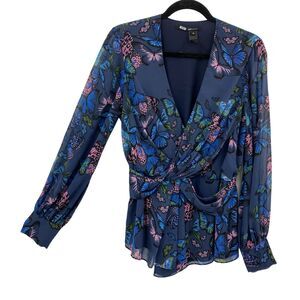 Jay Godfrey Edie Top Butterfly Blouse Size 8 Blue V-Neck Chiffon Long Sleeves